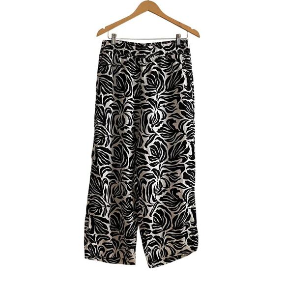 Nicole Miller Black & White Linen Tropical Floral Leaf Wide Leg Pull On Pants, L - Picture 1 of 11